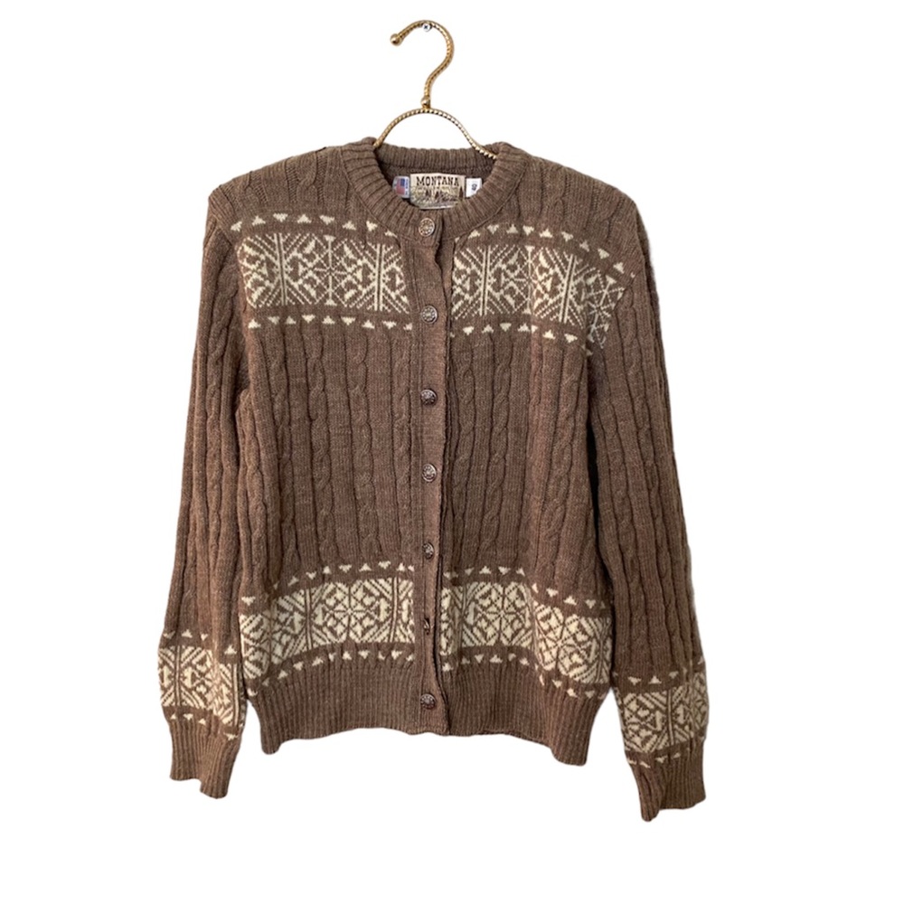 vintage montana woolen shop grandma cardigan fair isle cable knit made in usa.
